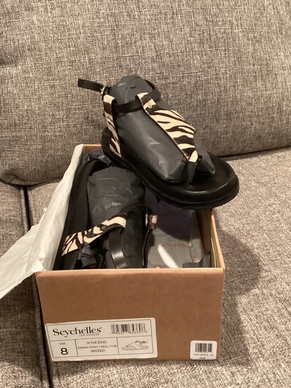 Seychelles Zebra-Print Thong Sandal in Black and Cream